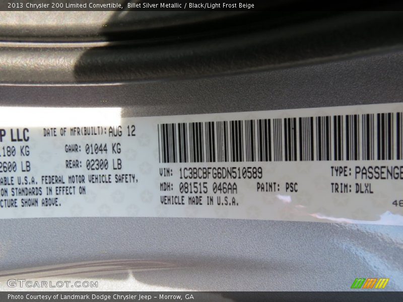 Billet Silver Metallic / Black/Light Frost Beige 2013 Chrysler 200 Limited Convertible