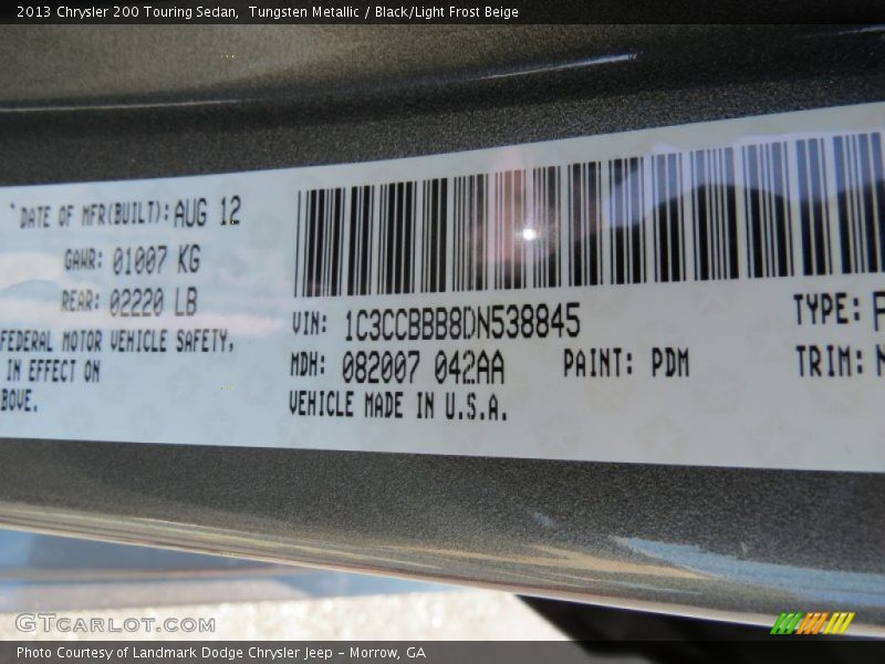 Tungsten Metallic / Black/Light Frost Beige 2013 Chrysler 200 Touring Sedan