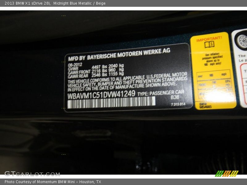 2013 X1 sDrive 28i Midnight Blue Metallic Color Code B38