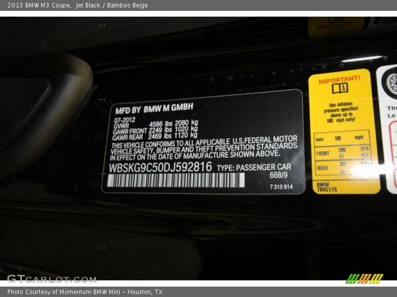 2013 M3 Coupe Jet Black Color Code 668