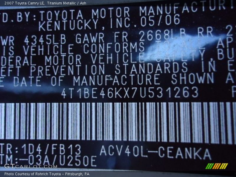 Titanium Metallic / Ash 2007 Toyota Camry LE