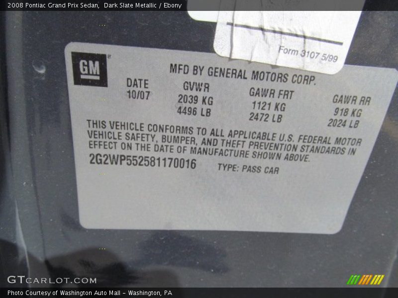 Dark Slate Metallic / Ebony 2008 Pontiac Grand Prix Sedan