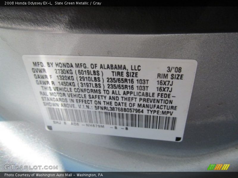 Slate Green Metallic / Gray 2008 Honda Odyssey EX-L