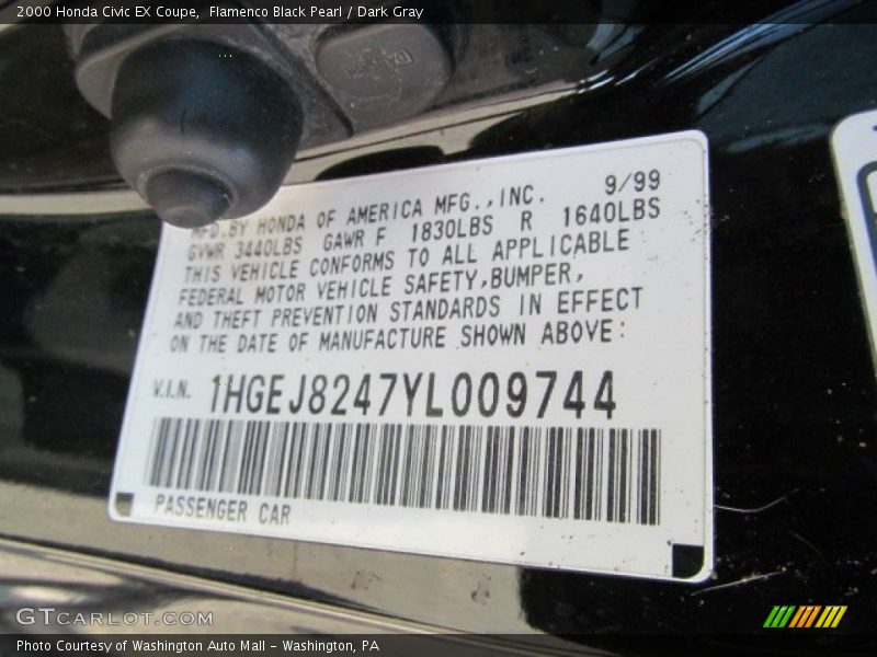 Flamenco Black Pearl / Dark Gray 2000 Honda Civic EX Coupe