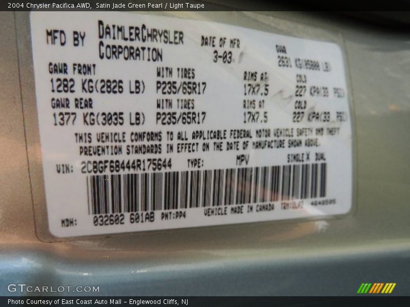 Satin Jade Green Pearl / Light Taupe 2004 Chrysler Pacifica AWD