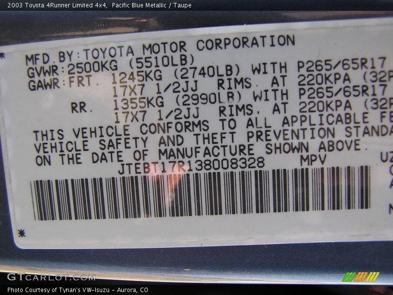 Pacific Blue Metallic / Taupe 2003 Toyota 4Runner Limited 4x4