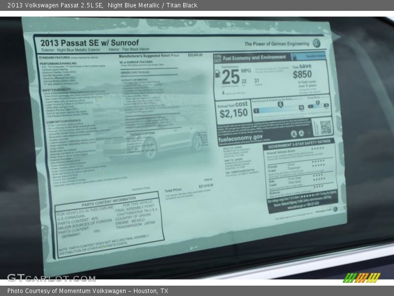Night Blue Metallic / Titan Black 2013 Volkswagen Passat 2.5L SE