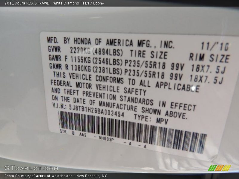 2011 RDX SH-AWD White Diamond Pearl Color Code NH503P