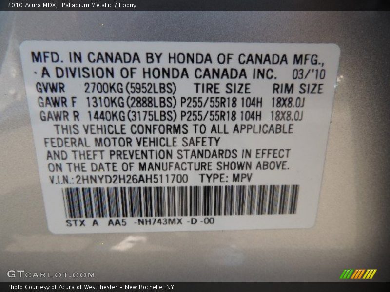 Palladium Metallic / Ebony 2010 Acura MDX