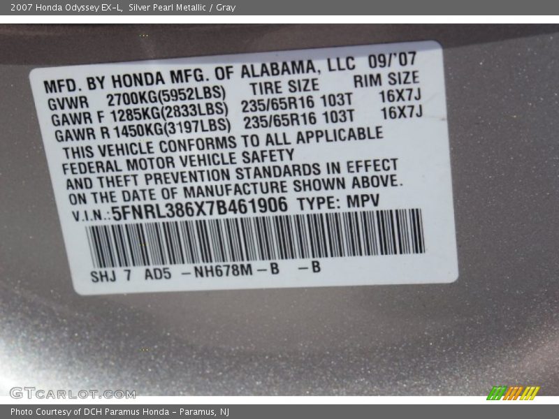 Silver Pearl Metallic / Gray 2007 Honda Odyssey EX-L