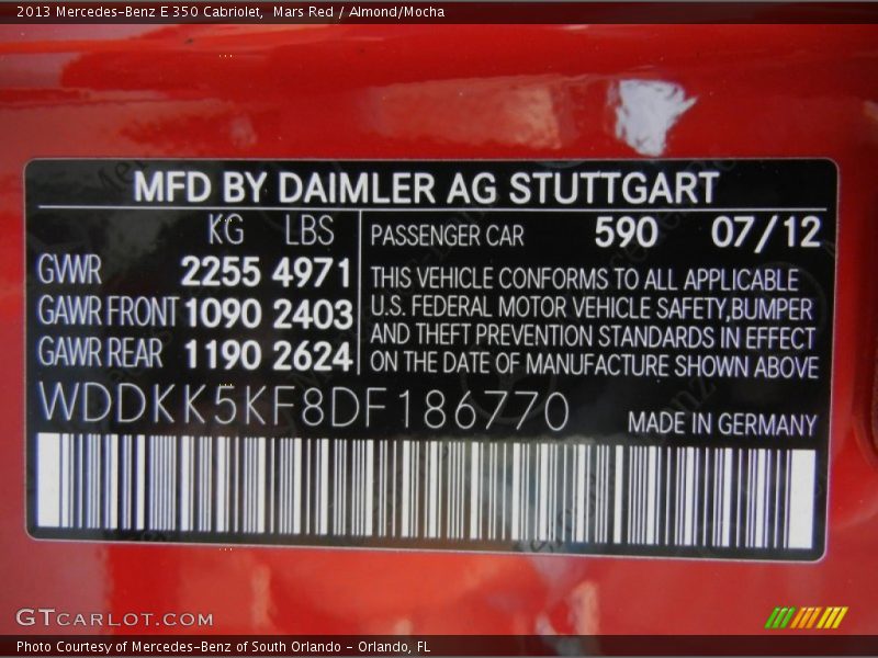 2013 E 350 Cabriolet Mars Red Color Code 590
