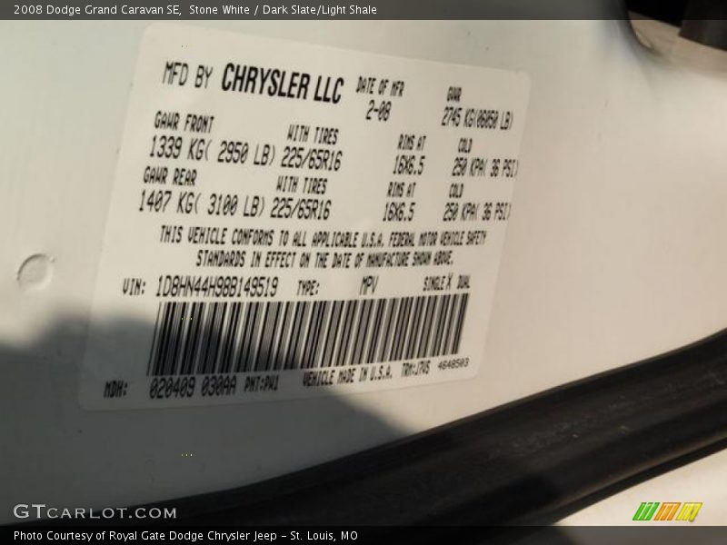 Stone White / Dark Slate/Light Shale 2008 Dodge Grand Caravan SE