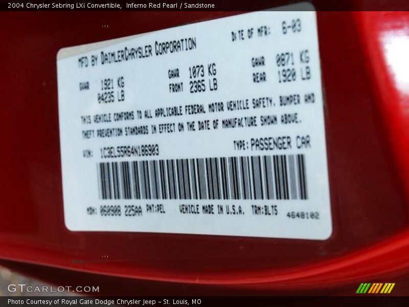 Inferno Red Pearl / Sandstone 2004 Chrysler Sebring LXi Convertible