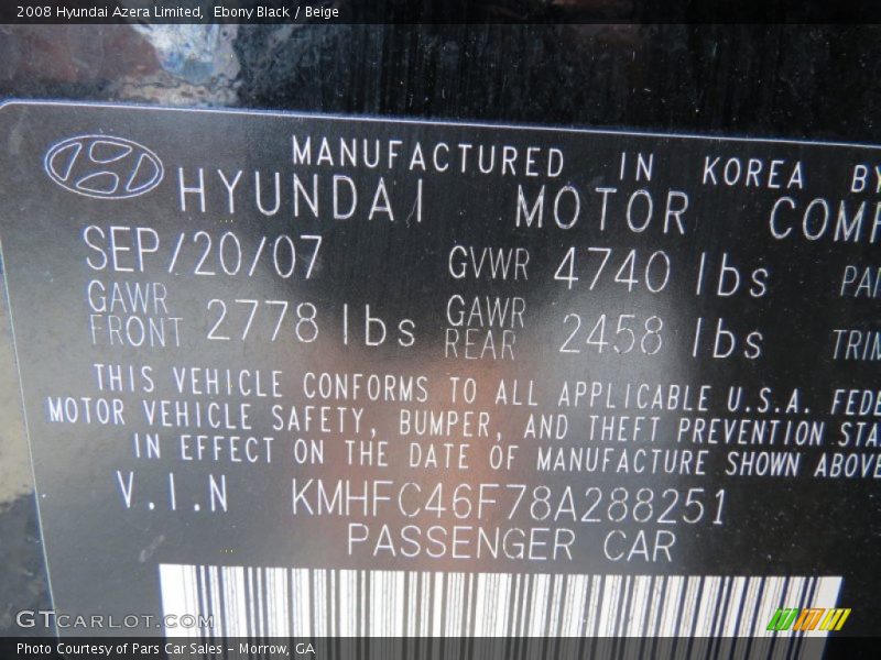Ebony Black / Beige 2008 Hyundai Azera Limited