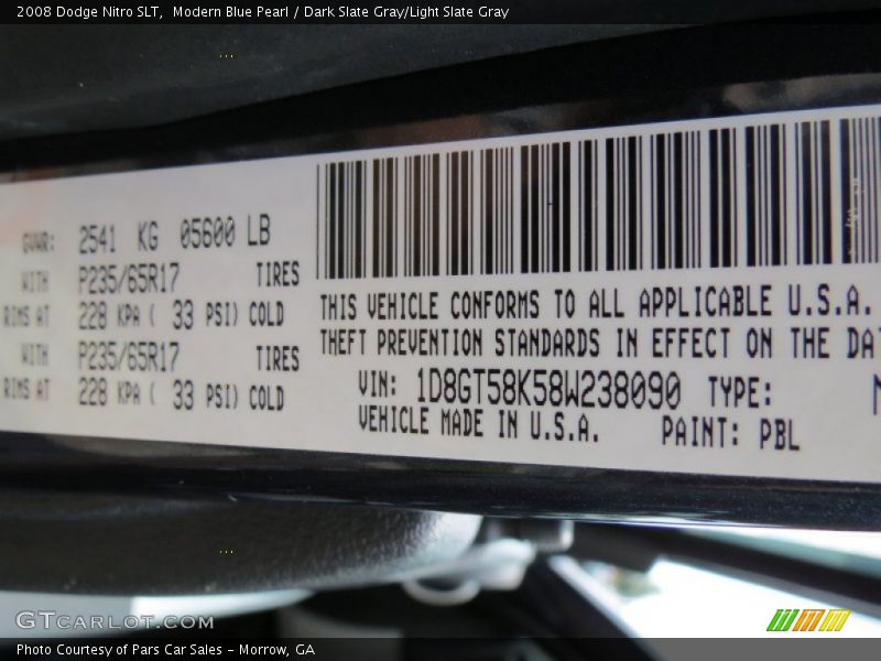 2008 Nitro SLT Modern Blue Pearl Color Code PBL