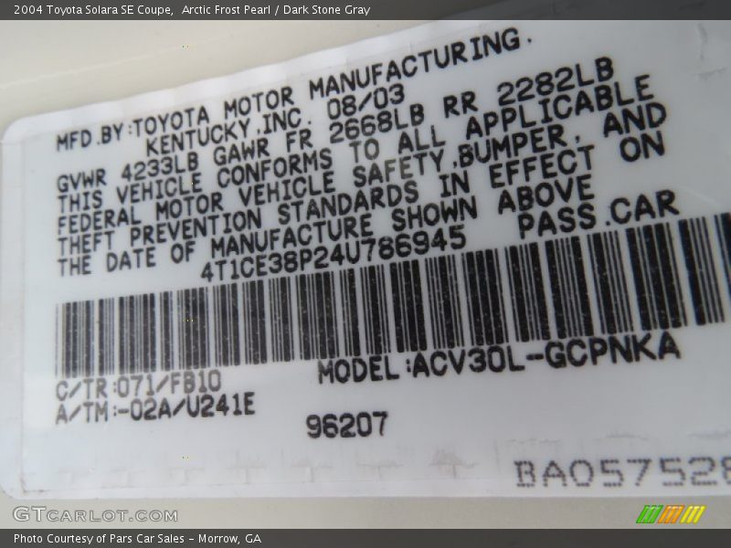 2004 Solara SE Coupe Arctic Frost Pearl Color Code 071