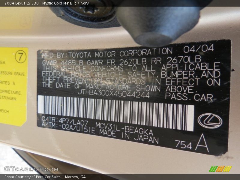 Mystic Gold Metallic / Ivory 2004 Lexus ES 330