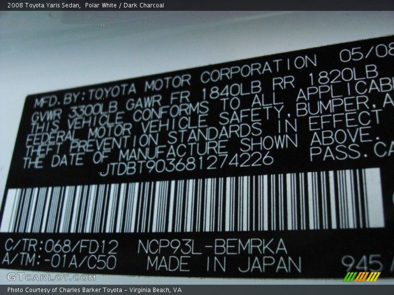 Polar White / Dark Charcoal 2008 Toyota Yaris Sedan