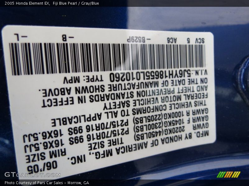 2005 Element EX Fiji Blue Pearl Color Code B529P