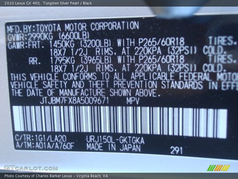 Tungsten Silver Pearl / Black 2010 Lexus GX 460