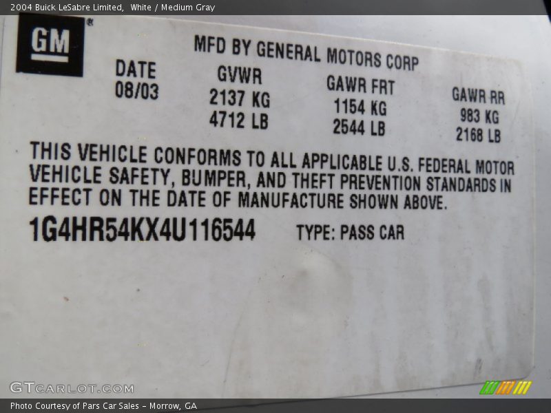 White / Medium Gray 2004 Buick LeSabre Limited