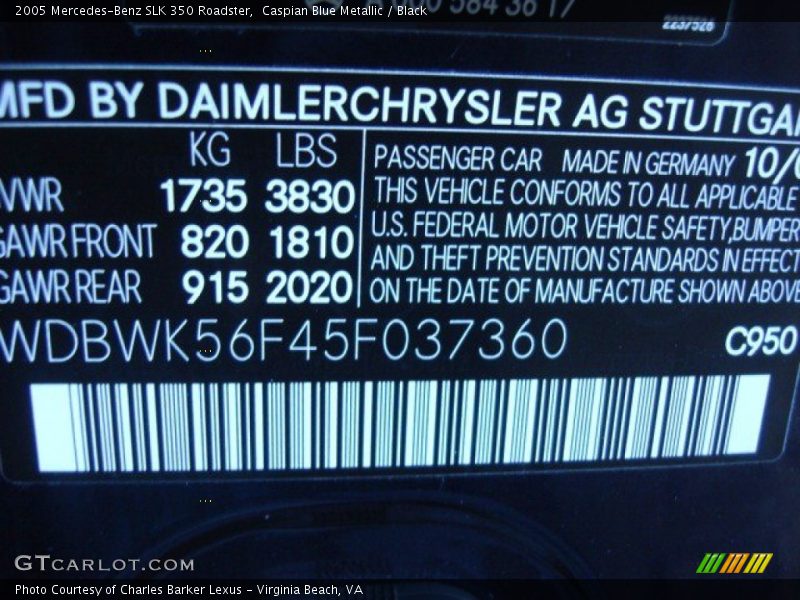 2005 SLK 350 Roadster Caspian Blue Metallic Color Code 950