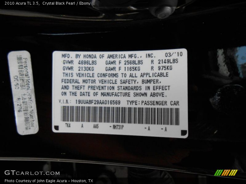 Crystal Black Pearl / Ebony 2010 Acura TL 3.5