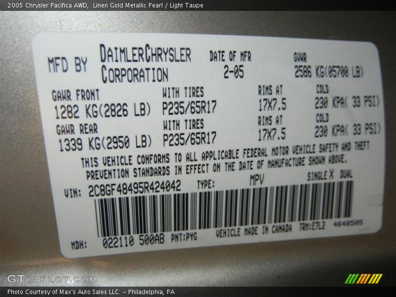 2005 Pacifica AWD Linen Gold Metallic Pearl Color Code PYG