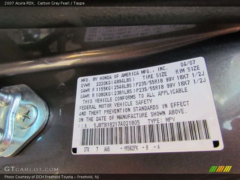 Carbon Gray Pearl / Taupe 2007 Acura RDX