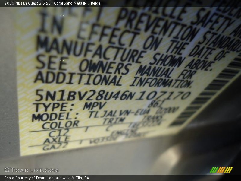 Coral Sand Metallic / Beige 2006 Nissan Quest 3.5 SE
