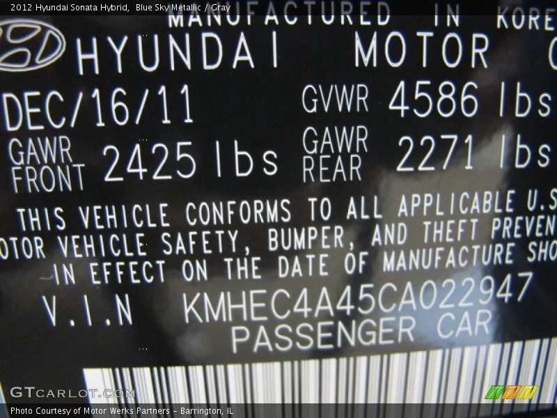Blue Sky Metallic / Gray 2012 Hyundai Sonata Hybrid