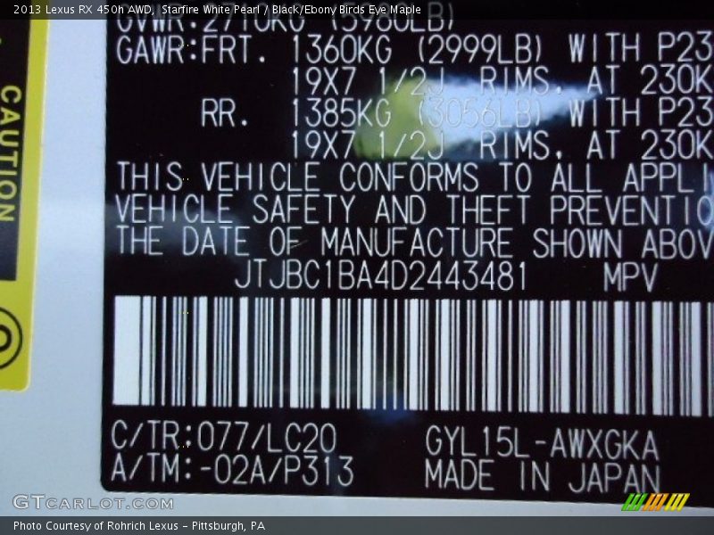 Starfire White Pearl / Black/Ebony Birds Eye Maple 2013 Lexus RX 450h AWD