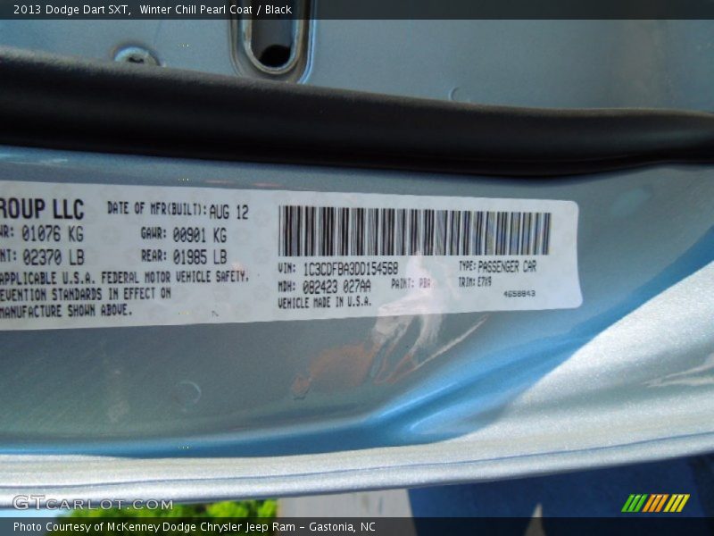 2013 Dart SXT Winter Chill Pearl Coat Color Code PBA