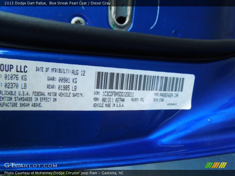 2013 Dart Rallye Blue Streak Pearl Coat Color Code PCL