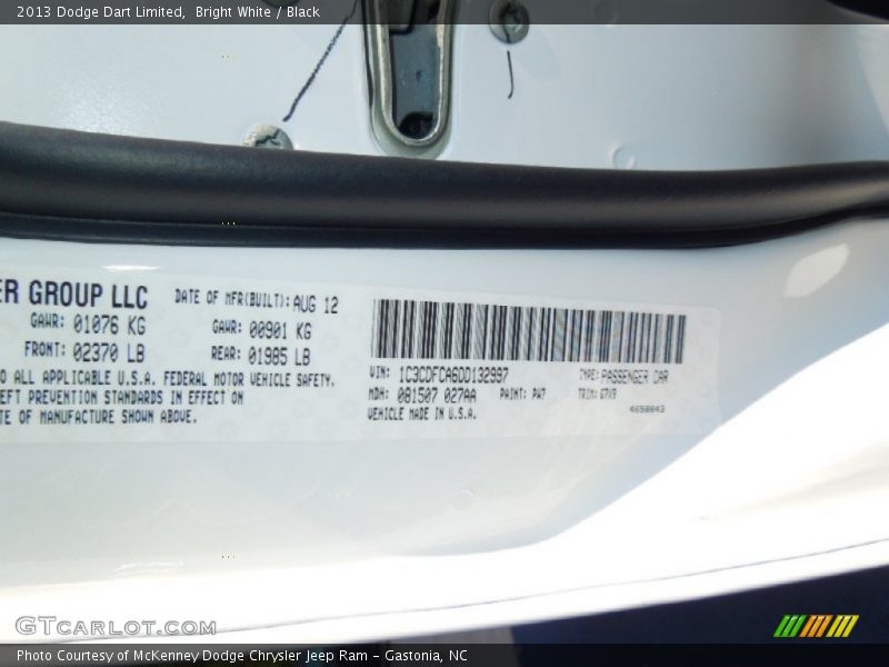 Bright White / Black 2013 Dodge Dart Limited