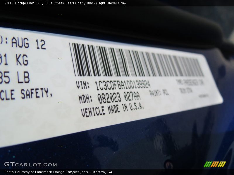 Blue Streak Pearl Coat / Black/Light Diesel Gray 2013 Dodge Dart SXT