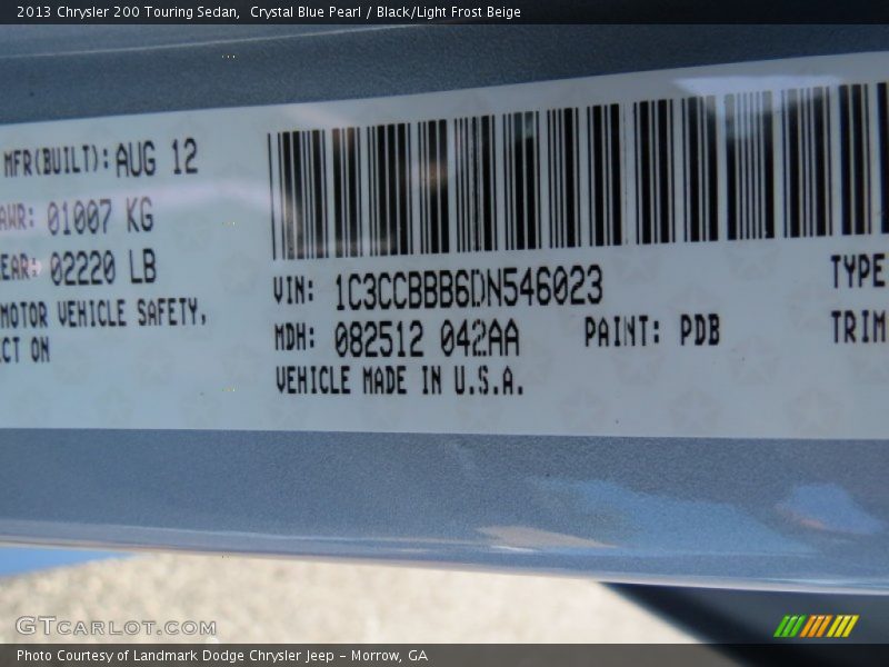 Crystal Blue Pearl / Black/Light Frost Beige 2013 Chrysler 200 Touring Sedan
