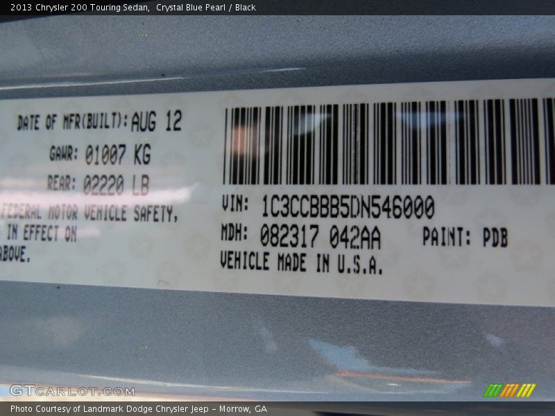 Crystal Blue Pearl / Black 2013 Chrysler 200 Touring Sedan