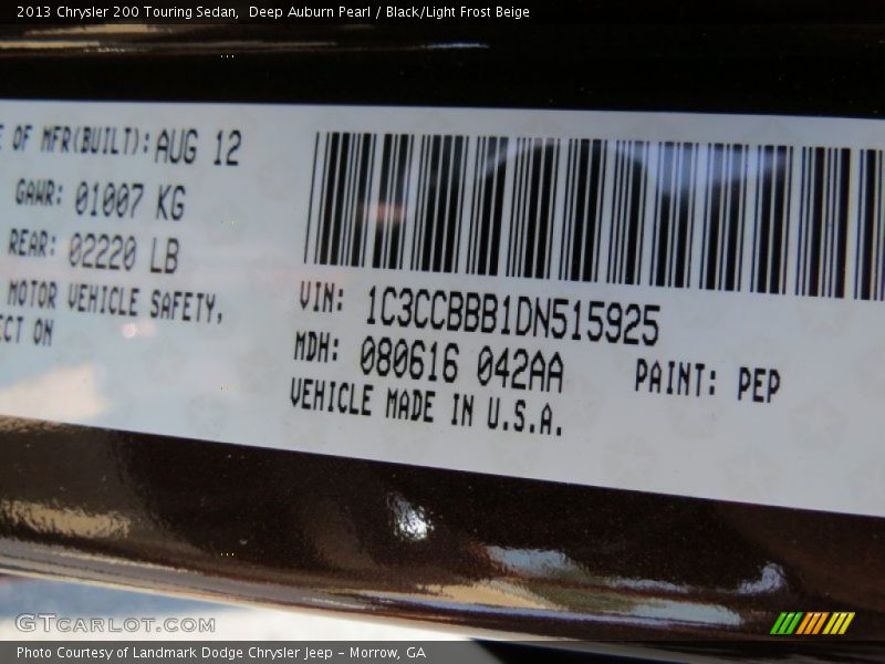Deep Auburn Pearl / Black/Light Frost Beige 2013 Chrysler 200 Touring Sedan