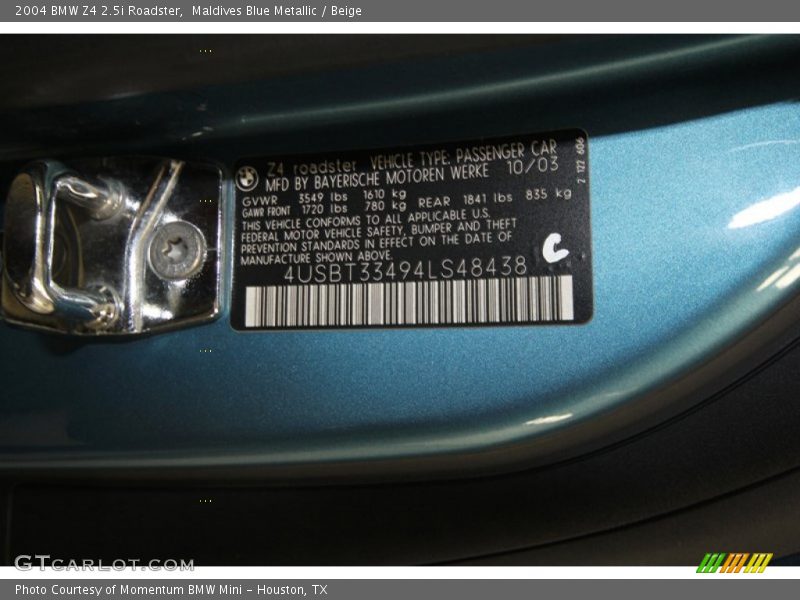 Info Tag of 2004 Z4 2.5i Roadster