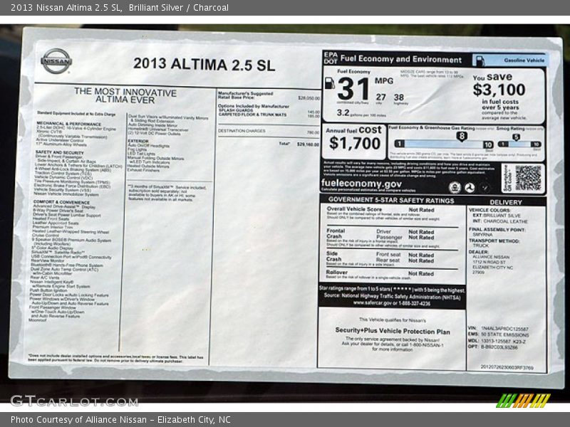  2013 Altima 2.5 SL Window Sticker