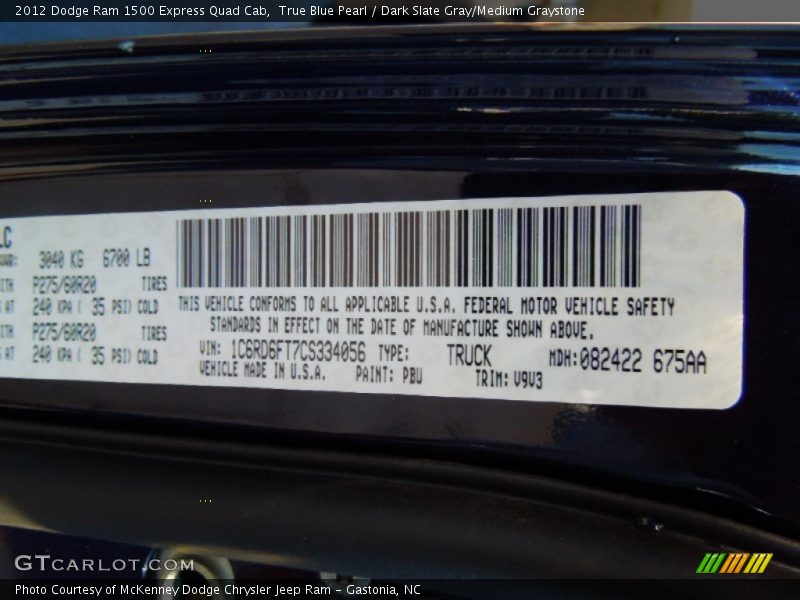 2012 Ram 1500 Express Quad Cab True Blue Pearl Color Code PBU
