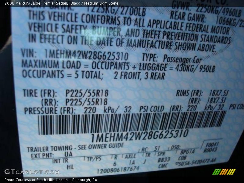 Black / Medium Light Stone 2008 Mercury Sable Premier Sedan