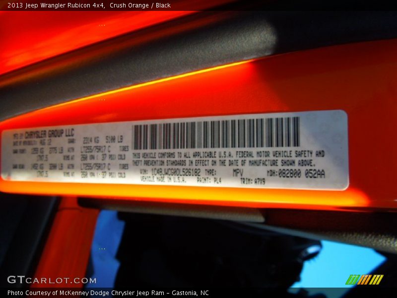 2013 Wrangler Rubicon 4x4 Crush Orange Color Code PL4