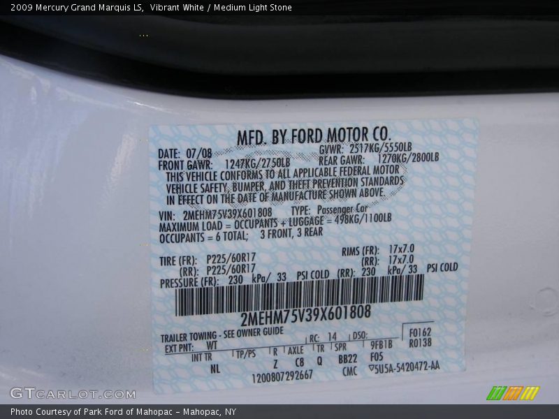 Vibrant White / Medium Light Stone 2009 Mercury Grand Marquis LS