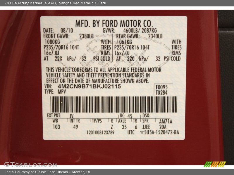 2011 Mariner I4 AWD Sangria Red Metallic Color Code JV