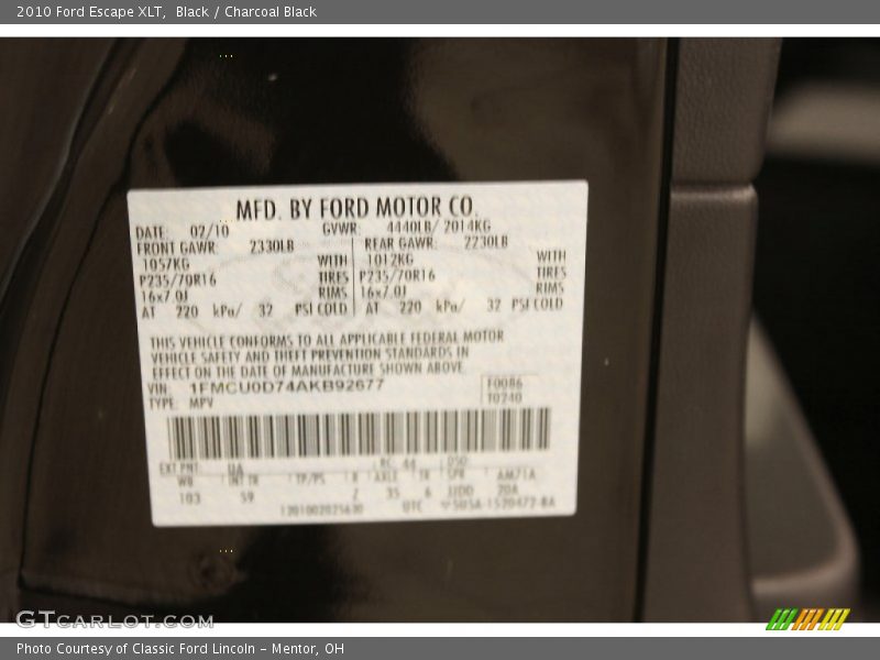 Black / Charcoal Black 2010 Ford Escape XLT