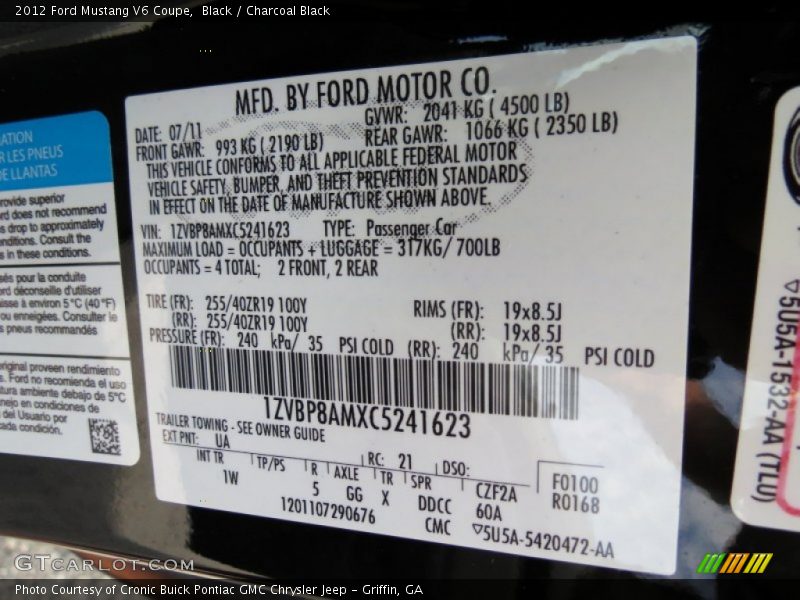 Black / Charcoal Black 2012 Ford Mustang V6 Coupe