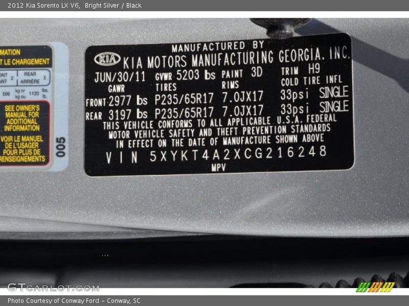 Bright Silver / Black 2012 Kia Sorento LX V6