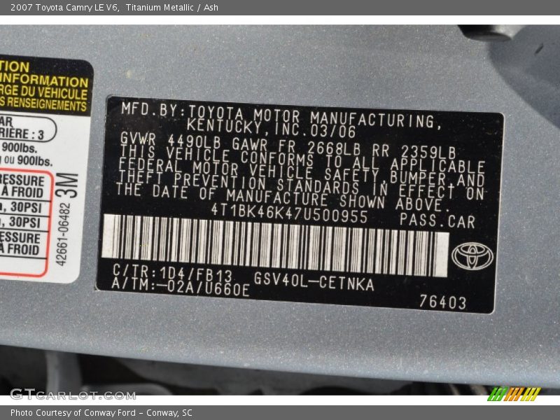 Titanium Metallic / Ash 2007 Toyota Camry LE V6